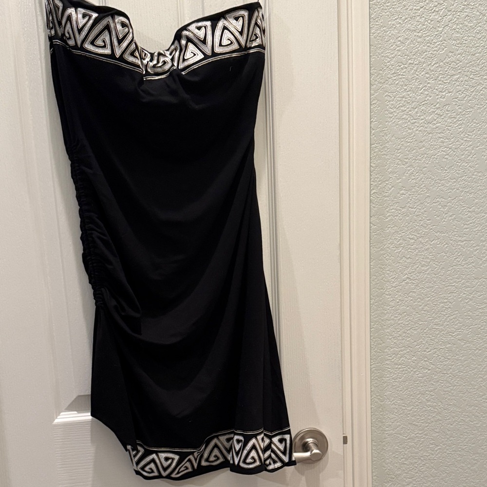Black Strapless Dress with White Geometric Trim